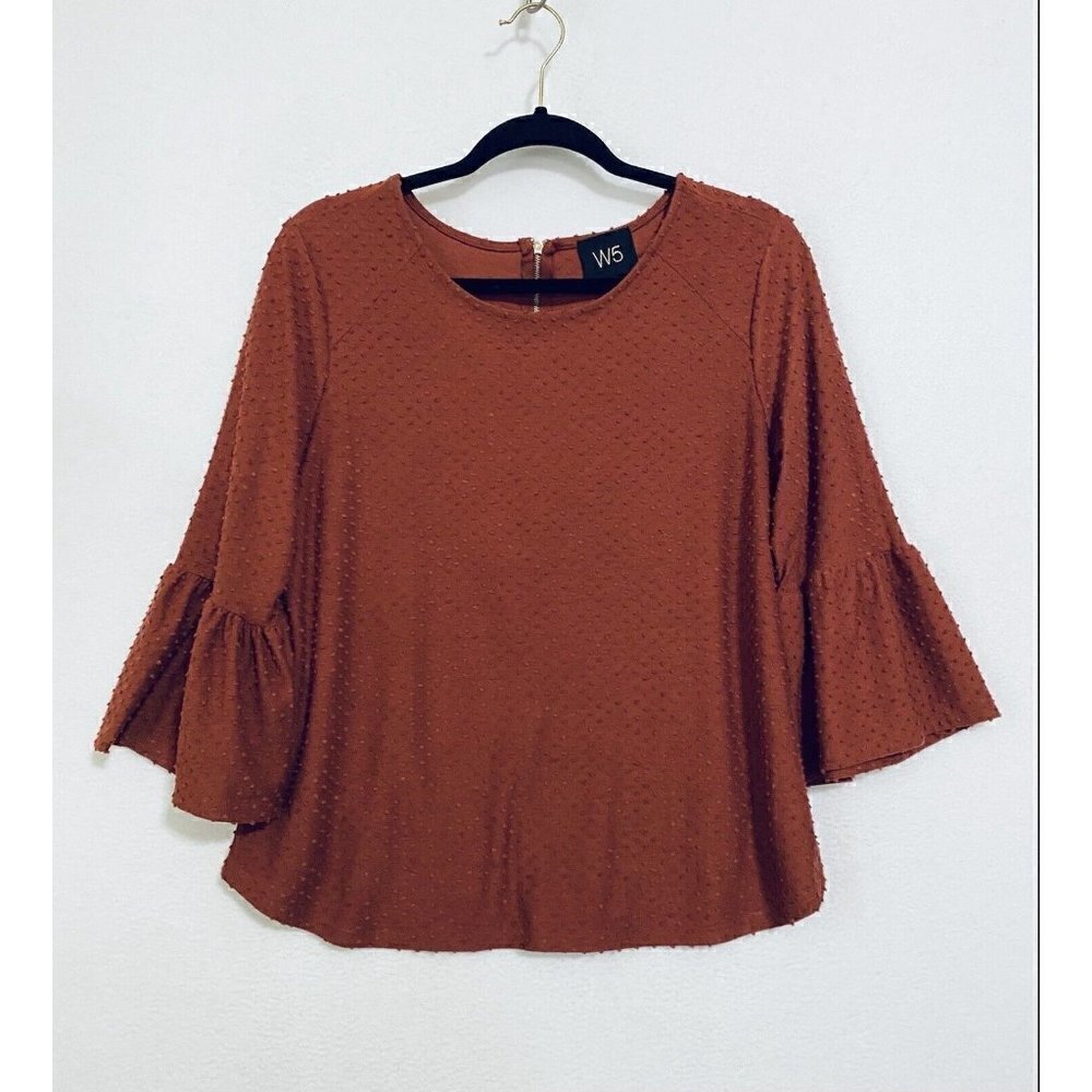 Anthropologie W5 Womens Medium Swiss Dot Bells Sleeve Top Dark Orange Boho